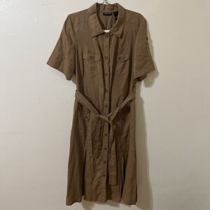 Sutton Studio Women's‎ Brown 100% Linen Dress Size 16 Button Down Belted Flared